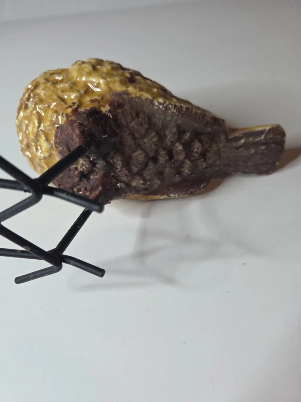 Vintage Primitive Ceramic Bird Figurine Yellow Glazed Textured Body w/wire Legs